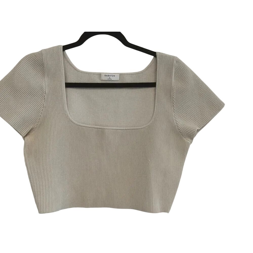 Babaton Sculpt Knit Squareneck Cropped T-Shirt Beige XL Ribbed Short Sleeve Top